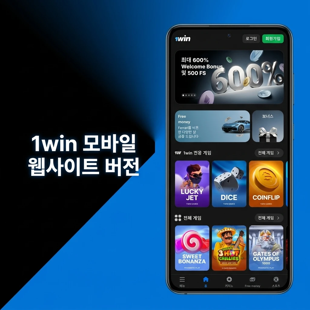 스마트폰 브라우저에서 앱 없이 1win 모바일 웹사이트로 스포츠 베팅과 카지노 게임을 이용하는 화면