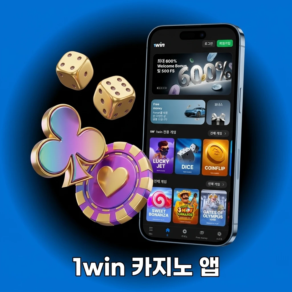1win 카지노 앱 홈 화면에서 인기 슬롯과 라이브 테이블, 공급사 게임 선택 및 보너스 프로모션 확인 화면