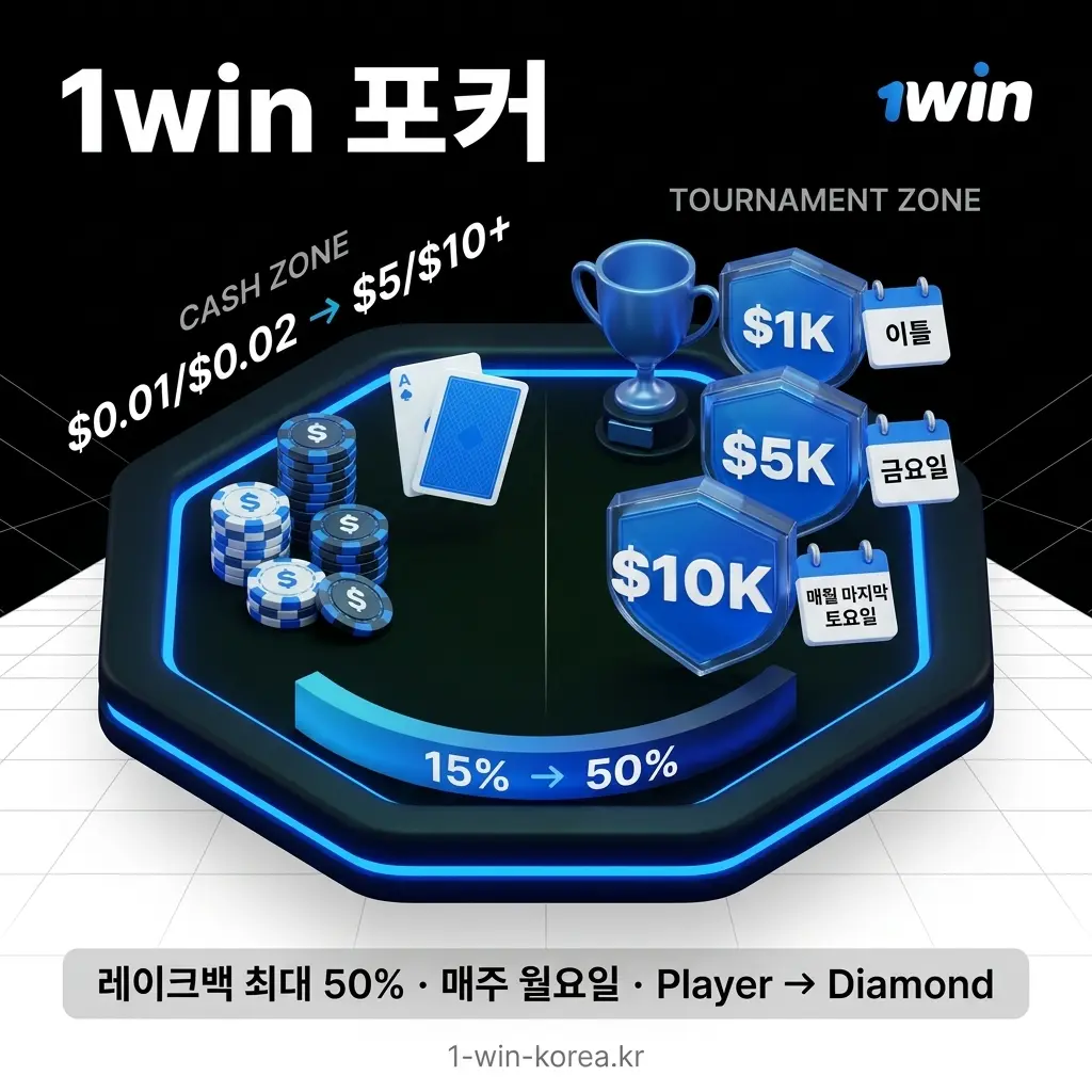 1win 포커 한국 - 별도 포커 룸 운영, 캐시 테이블과 토너먼트 제공.