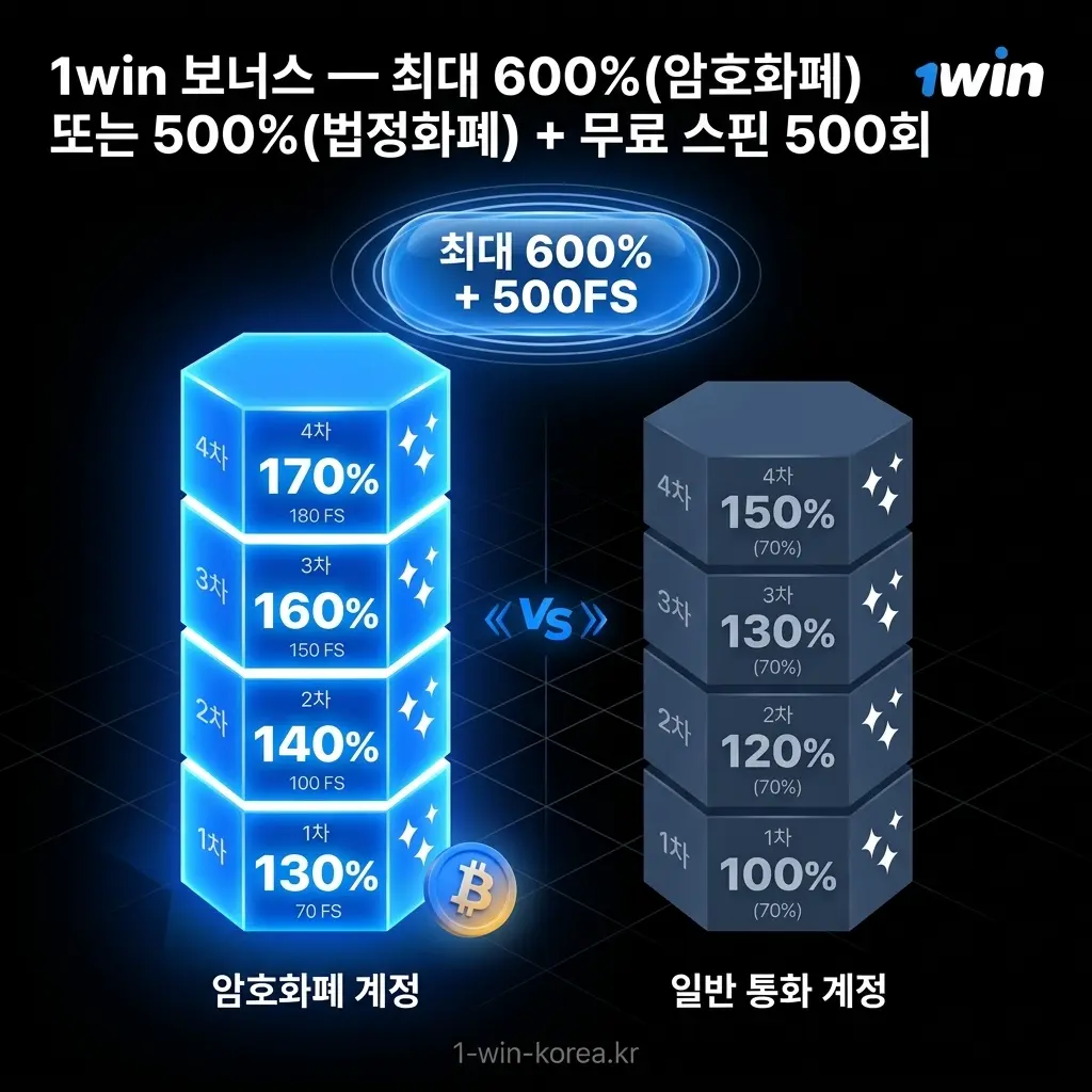 1win 총 보너스 암호화폐 600% + 500 FS - 법정화폐 500% + 500 FS.